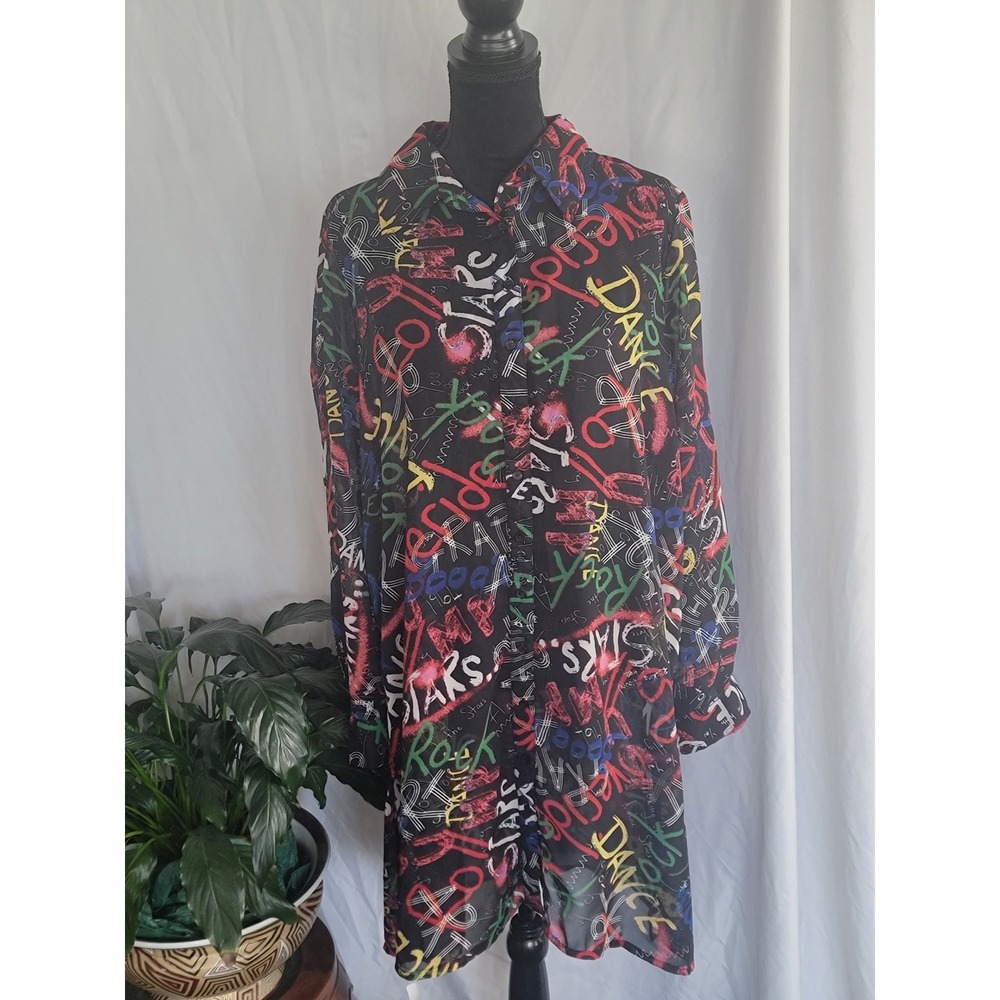 Live 4 Truth Graffiti Print Sheer Button Down Shirt Dress Tunic Black Large